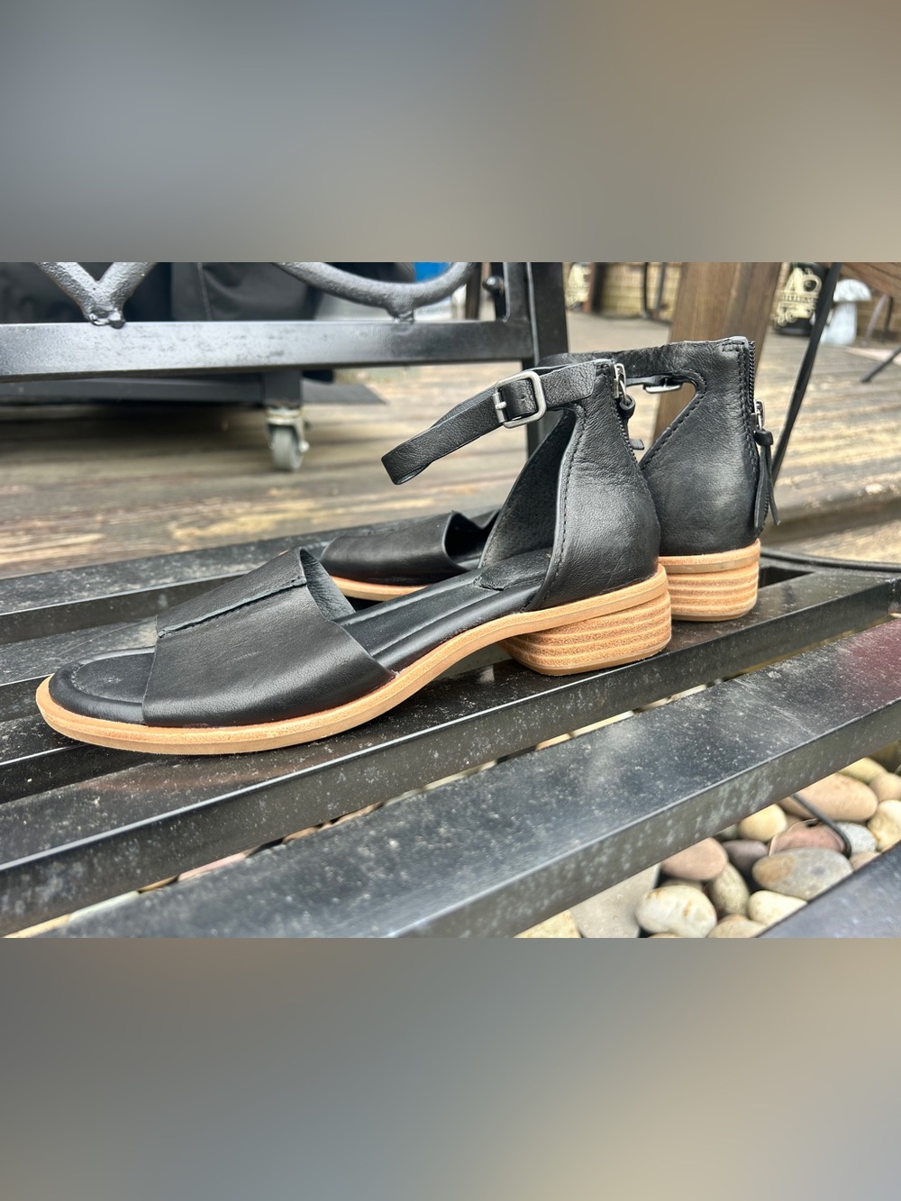 Söfft Black Leather Ankle Strap Sandals Block Heel Women’s